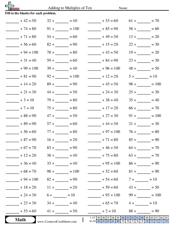 Addition Worksheets - Adding to Multiples of Ten worksheet